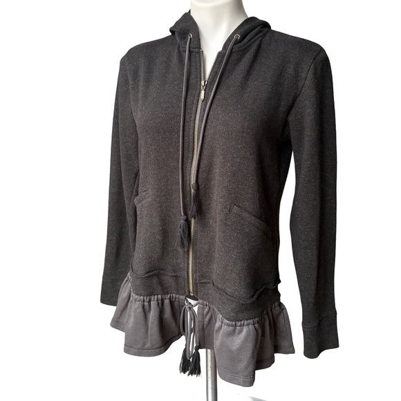 Knox Rose Gray Zip Front Long Length Hooded Sweater with Ruffle Hem, Sz S - Picture 3 of 9